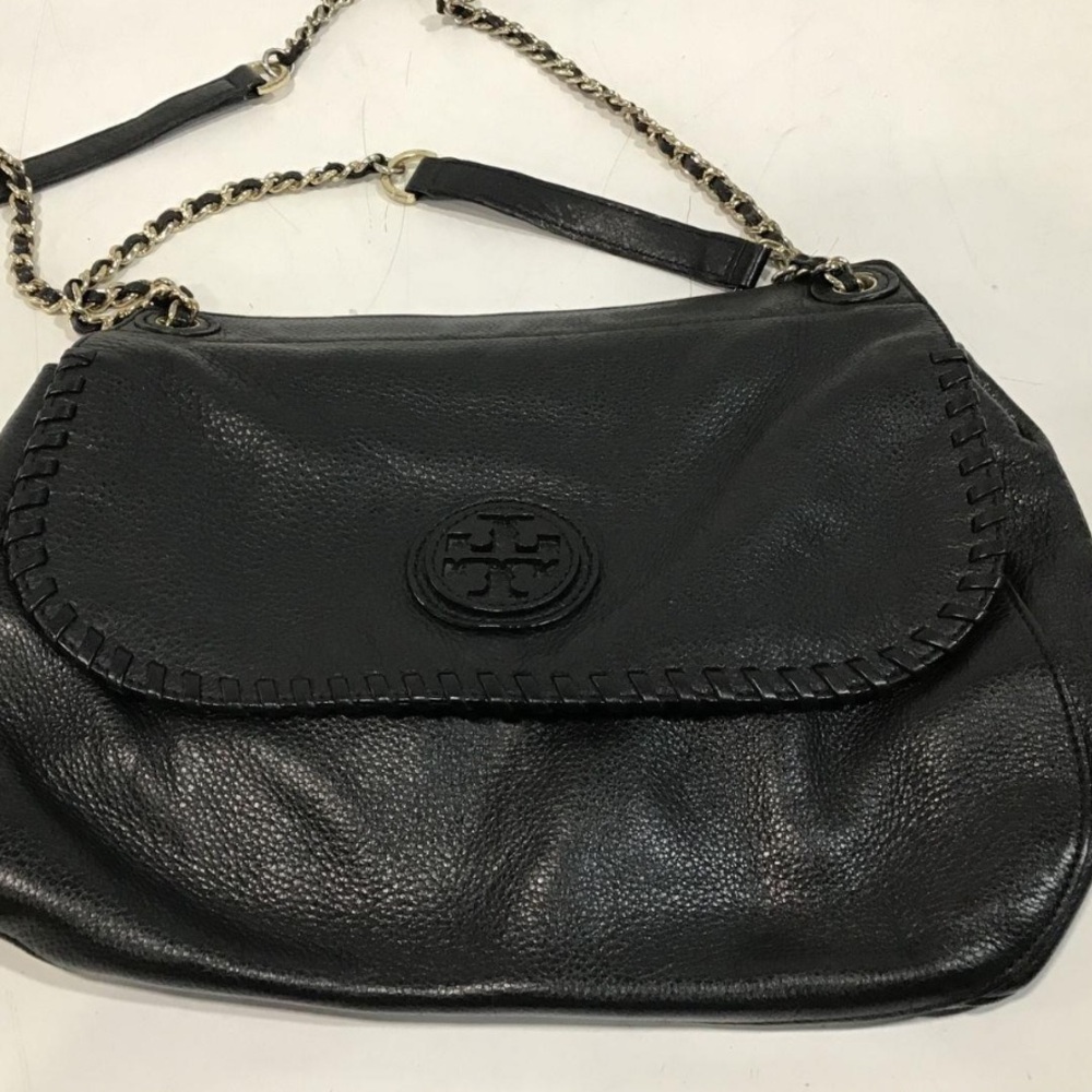 Women’s Tory Burch Black Pebble Grain Leather Shoulder Bag with Chain Strap